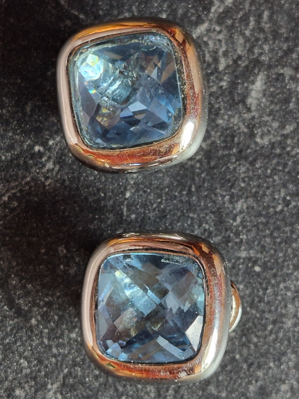 Silver-Tone Blue Cushion-Cut Omega Back Pierced Earrings
